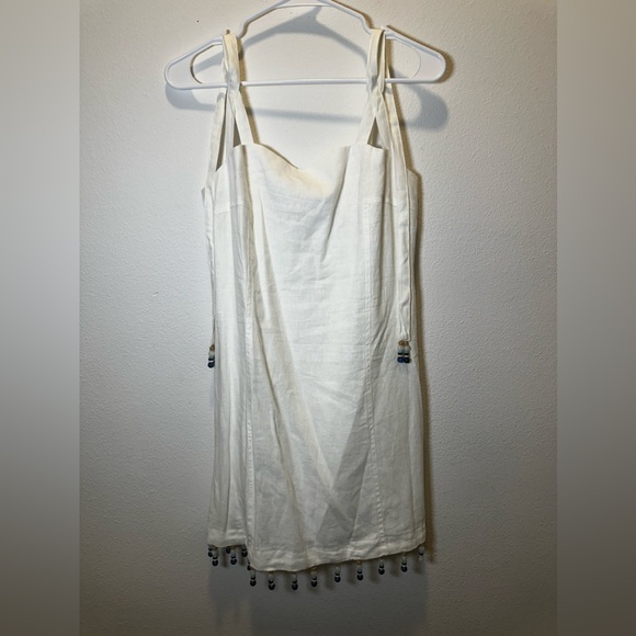 House of Harlow 1960 Linen Beaded Fringe Hem Shift Mini Dress in Off White NWOT - Picture 2 of 9